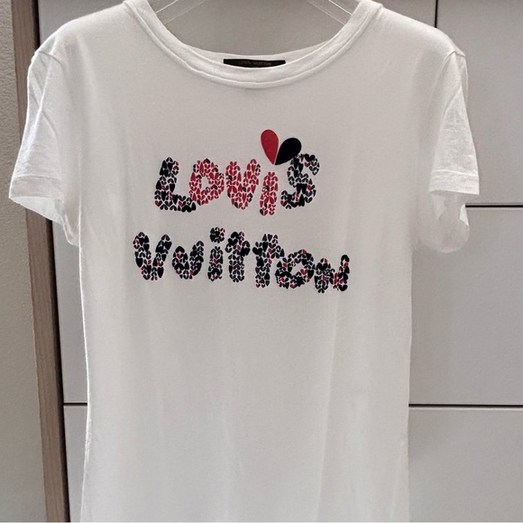 Louis Vuitton White Sheer T-Shirt LV Logo Navy Red Heart XS Made in Italy - Picture 2 of 7